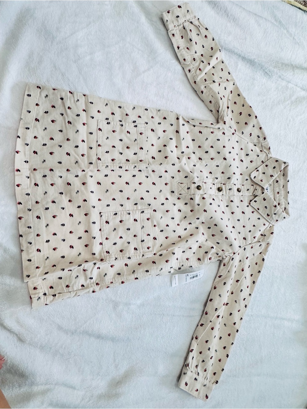 Old Navy Cream Courduroy Button-Front Kids Shirt with Red flower Print